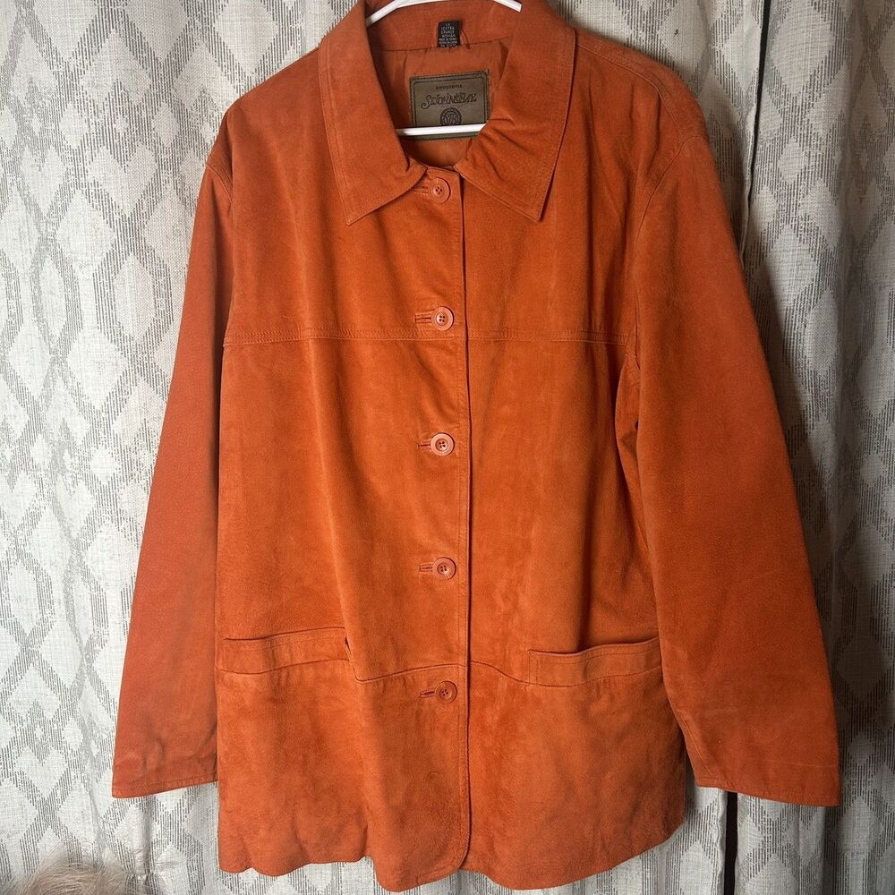 St Johns Bay Womens Orange genuine leather suede Button Up Jacket SZ 1X